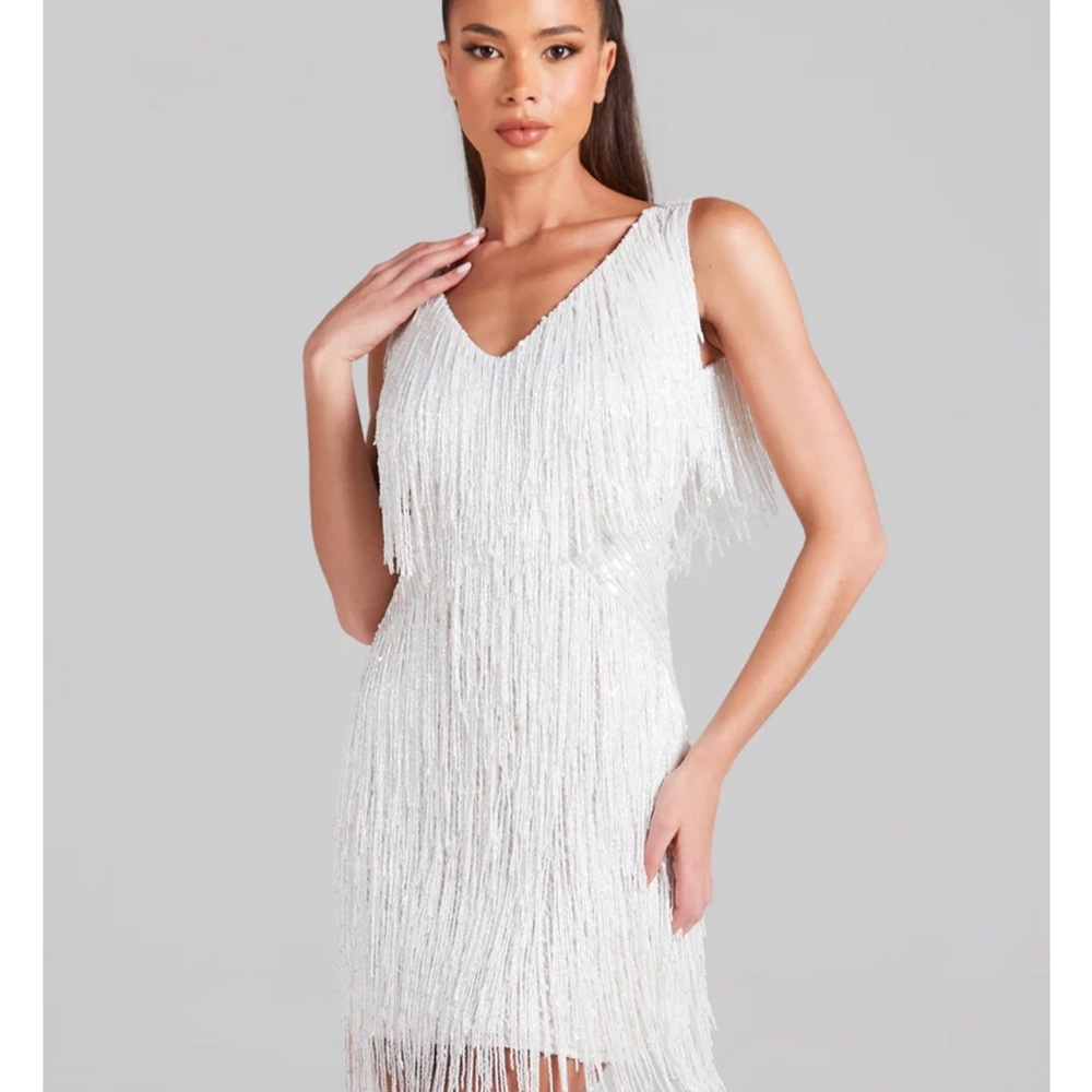 NADINE MERABI White Fringe Wedding Dress